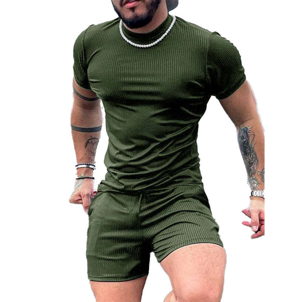 Conjunto de dos piezas de manga corta con pantalones cortos texturizados a rayas para hombre