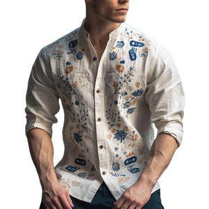 Camisa informal de manga larga con cuello redondo y estampado floral para hombre