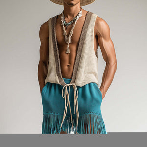 Conjunto de pantalones cortos sin mangas con cordones de tela de toalla de moda de primavera para hombre 