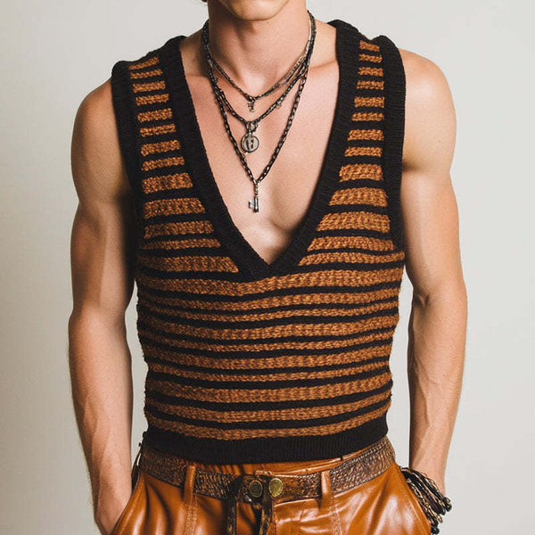 Men's Vintage Striped Knit V-Neck Tank Top