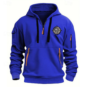 SUDADERA DEPORTIVA CASUAL PARA HOMBRE CON MÚLTIPLES CREMALLERAS EN EL BRAZO Y BORDADO CON INSIGNIA SUDADERA CON CAPUCHA