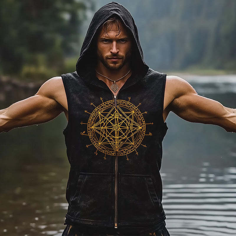 Men's Fashion Vintage Print Hooded Vest