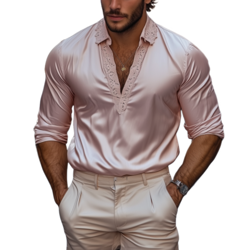 Herrenmode Lässiges Slim Fit Langarmhemd mit Spitze und Satin-Spleißen und tiefem V-Ausschnitt