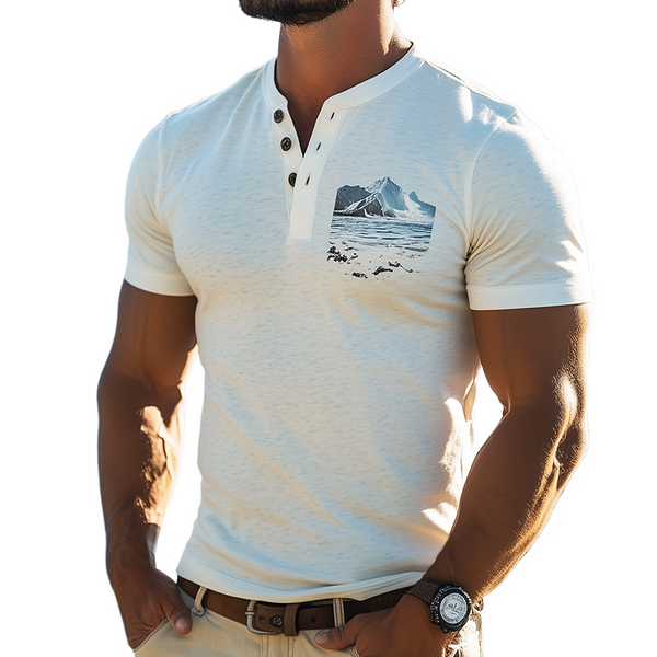 Men's Retro Casual Protective Ocean Element Printed Henley Collar Short Sleeve T-Shirt