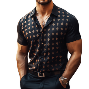 Camisa de lino con solapa de manga corta y estampado geométrico informal retro para hombre