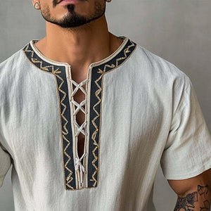 Men's Vintage Embroidered Thin Strap Round Neck Short-Sleeved T-Shirt