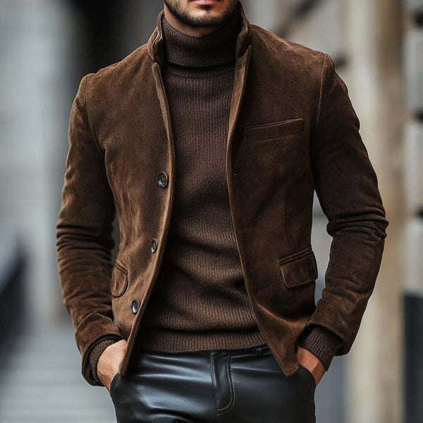 Blazer corto ajustado de ante con cuello alto vintage para hombre