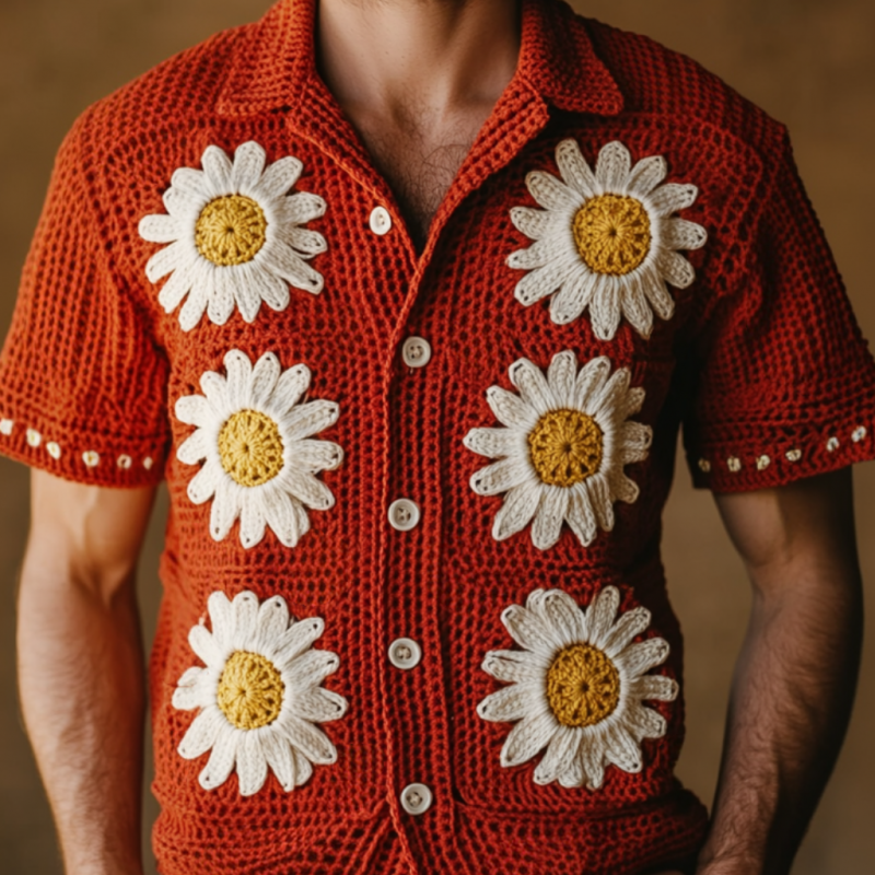 Men's Casual Lapel Single Breasted Daisy Embroidery Knitted Short Sleeve Cardigan