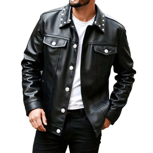 Men's Spring And Autumn Pure Black Lapel PU Leather Jacket