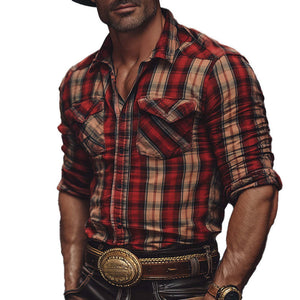 Camisa a cuadros informal de manga larga estilo retro para hombre