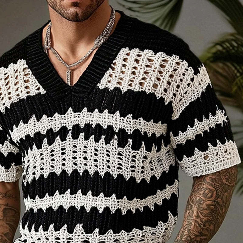 Camiseta de punto con cuello en V y manga corta para hombre en contraste de color