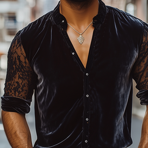 Camisa de manga larga negra con cuello alto y costuras de encaje de terciopelo para hombre, moda de primavera