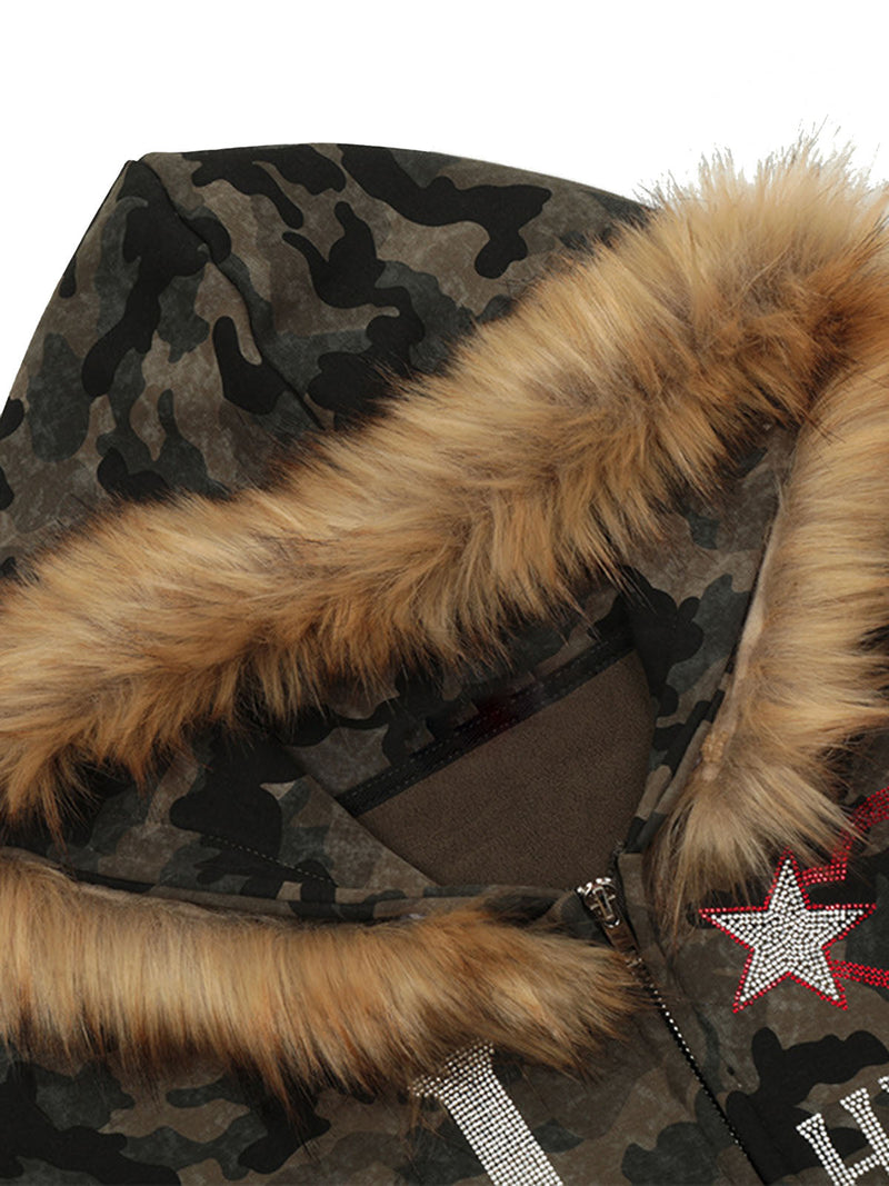 Hotfix Rhinestones Camouflage Fur Hooded Fleece Jacket