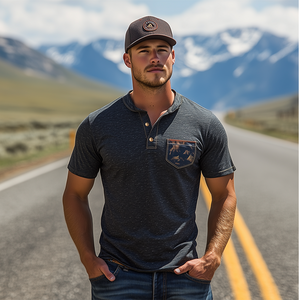 Camiseta clásica vintage de algodón con cuello henley de la serie Yellowstone Park para hombre