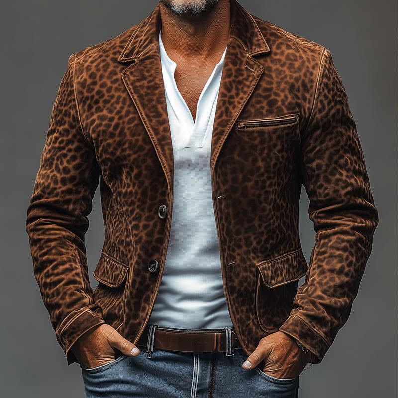 Blazer vintage de ante con estampado de leopardo, solapa con muesca, multibolsillos y botonadura sencilla para hombre