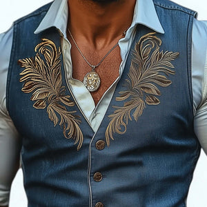 Herrenweste im Western-Cowboy-Stil mit Knopfleiste, Karomuster und Stickerei