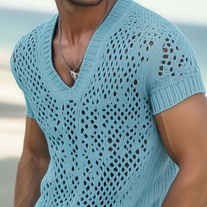 Camiseta de punto de malla transpirable con cuello en V de moda de verano para hombre