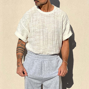 Men's Solid Color Textured Short-Sleeved Round Neck T-Shirt