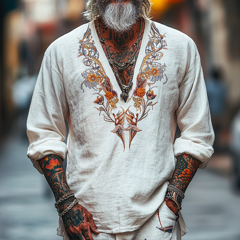 Camiseta vintage informal de algodón con cuello en V y manga larga bordada para hombre