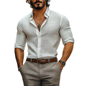 Men's Casual Cotton Linen Lapel Single Breasted Slim Fit Long Sleeve Shirt