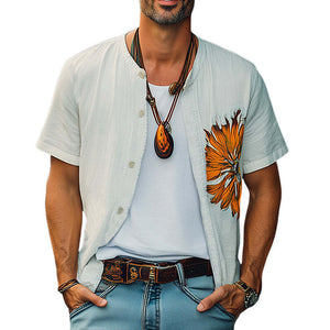 Men's Summer Casual Cotton Embroidered Short Sleeve Shirt