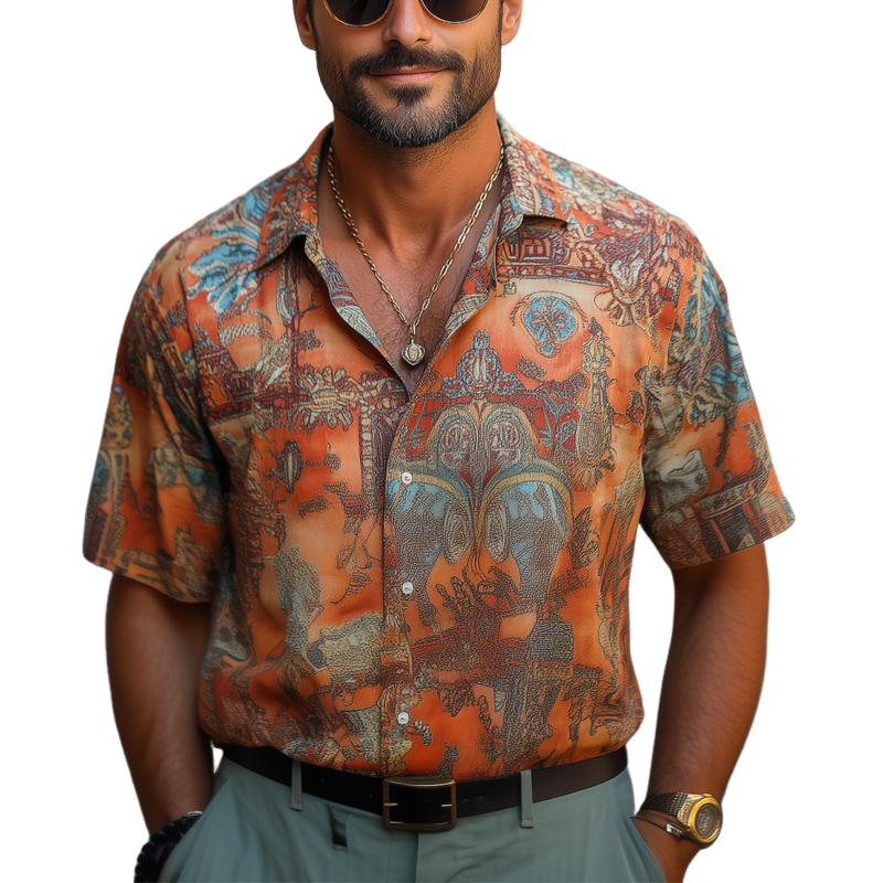 Camisa casual de manga corta con estampado retro para hombre