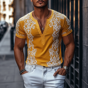 Camiseta de manga corta de algodón con bordado exquisito y escote en V profundo para hombre, moda de primavera