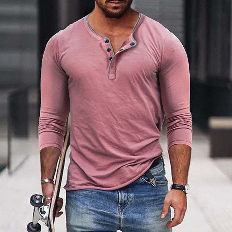 Camiseta informal de manga larga ajustada con cuello Henley de mezcla de algodón para hombre