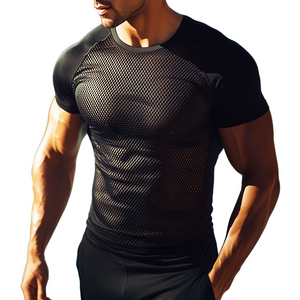 Camiseta deportiva informal de malla elástica transpirable con cuello redondo y manga corta para hombre