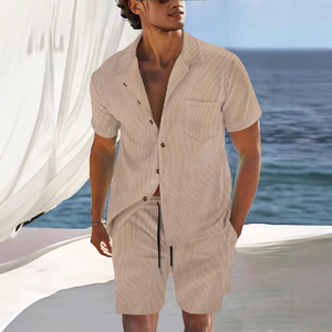 Men's Solid Color Short Sleeve Shorts Holiday Two-piece Set