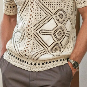 Camiseta de manga corta de punto calado con solapa informal de verano para hombre