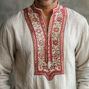 Camisa informal de manga larga con cuello abierto y bordado para hombre