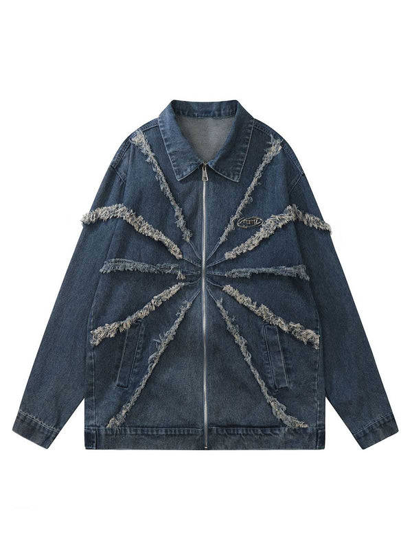 Heavy Raw Edge Zip Up Denim Jacket