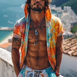 Men's Tie-dye Printed Hooded Short Sleeve Zip Hoodie