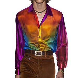 Camisa de manga larga con solapa ligera y estampado de arcoíris informal retro para hombre