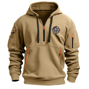 SUDADERA DEPORTIVA CASUAL PARA HOMBRE CON MÚLTIPLES CREMALLERAS EN EL BRAZO Y BORDADO CON INSIGNIA SUDADERA CON CAPUCHA