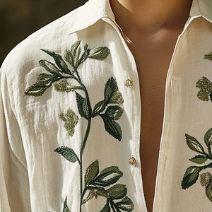 Men's Spring Fashion Leaf Embroidery Casual Sports Long Sleeve Shirt