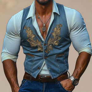Men's Retro Western Denim Embroidered Button Up Vest