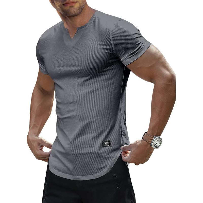 Camiseta de manga corta con cuello en V y punto de color liso para hombre