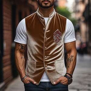 Men's Spring Fashion Retro Embroidered Velvet Slim Stand Collar Vest