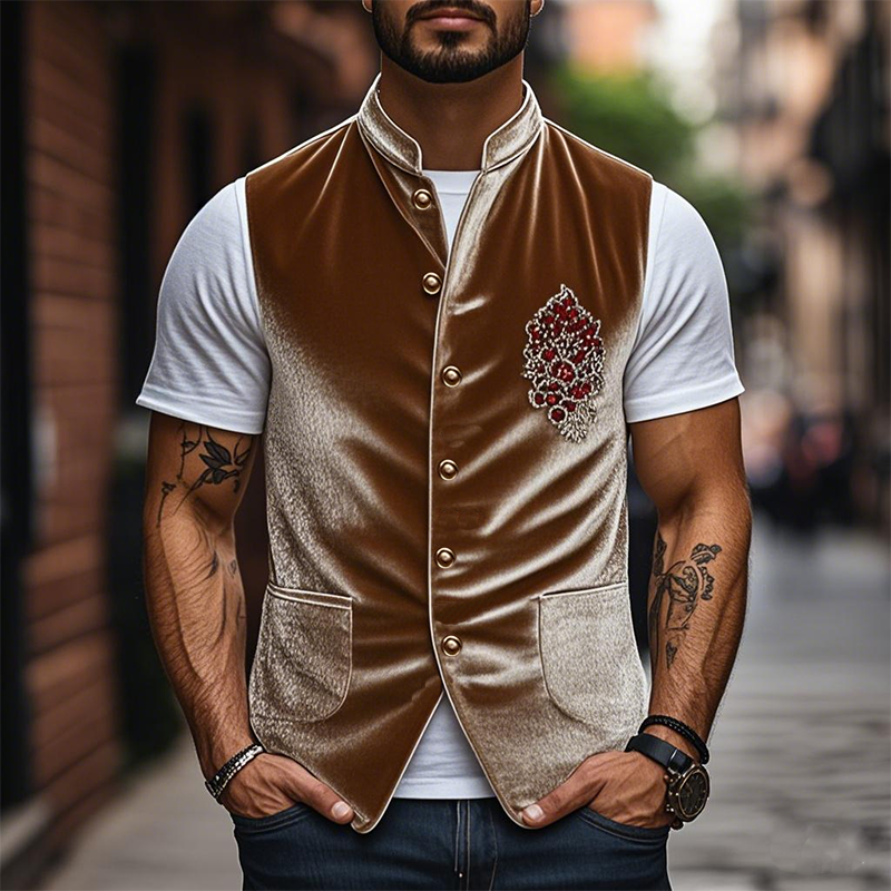 Chaleco de cuello alto ajustado de terciopelo bordado retro de moda de primavera para hombre