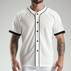 Camiseta de béisbol de manga corta con botones deportivos de malla de color sólido estilo retro informal para hombre