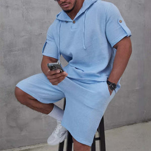 Conjunto de dos piezas de pantalones cortos de manga corta de algodón y lino de color liso para hombre
