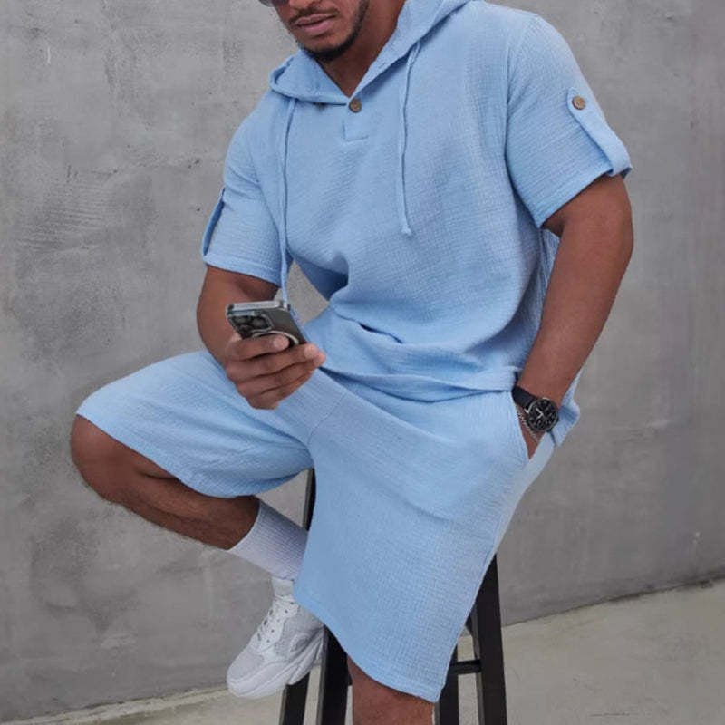 Men's Cotton And Linen Solid Color Short-Sleeved Shorts Two-Piece Set