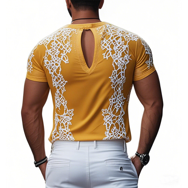 Camiseta de manga corta de algodón con bordado exquisito y escote en V profundo para hombre, moda de primavera