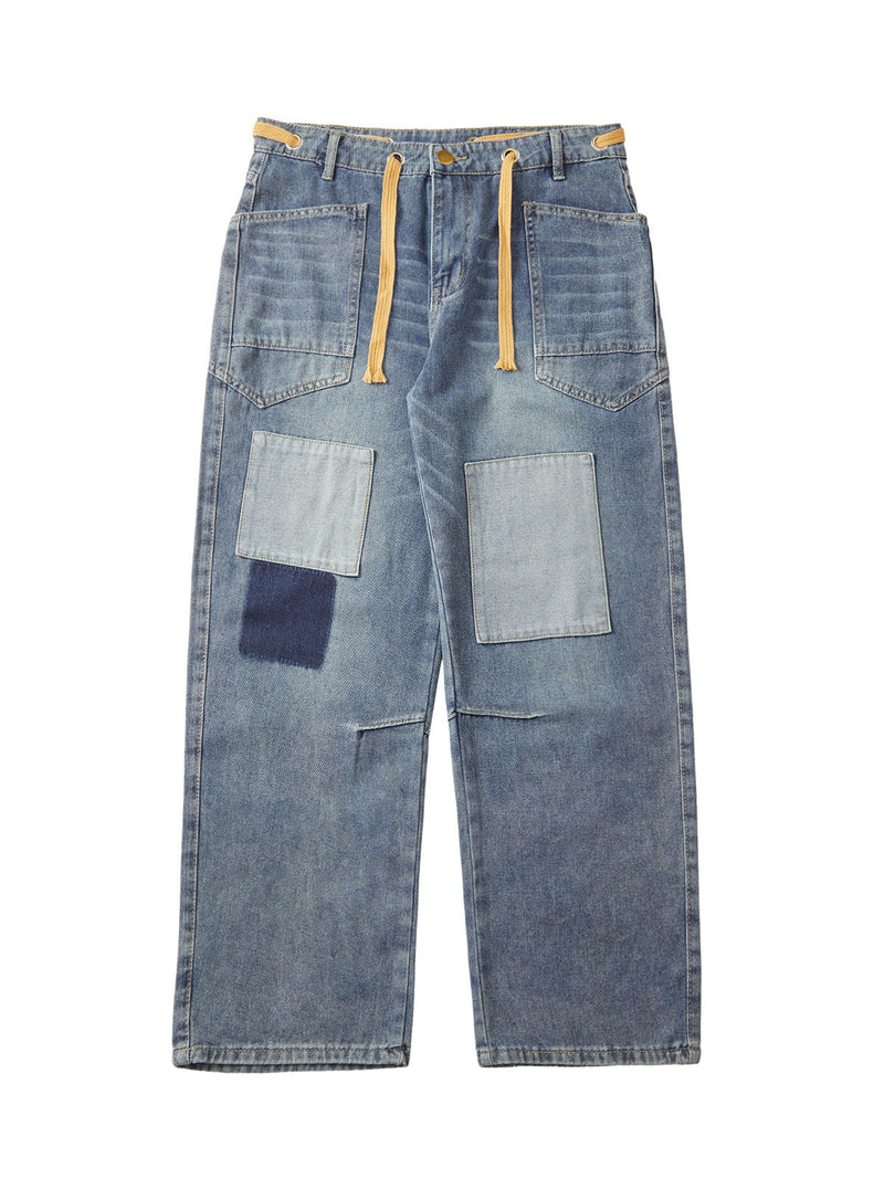 Drawstring Denim Patch Washed Jeans