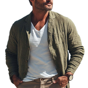 Men's Spring And Summer Army Green Cotton And Linen Casual Shirts