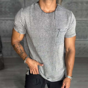 Camiseta retro informal de lino con bolsillo, cuello redondo y manga corta para hombre