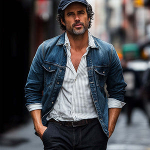 Chaqueta vaquera lavada azul oscuro vintage para hombre