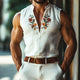 Men's Retro Casual Embroidered Stand Collar Sleeveless Shirt